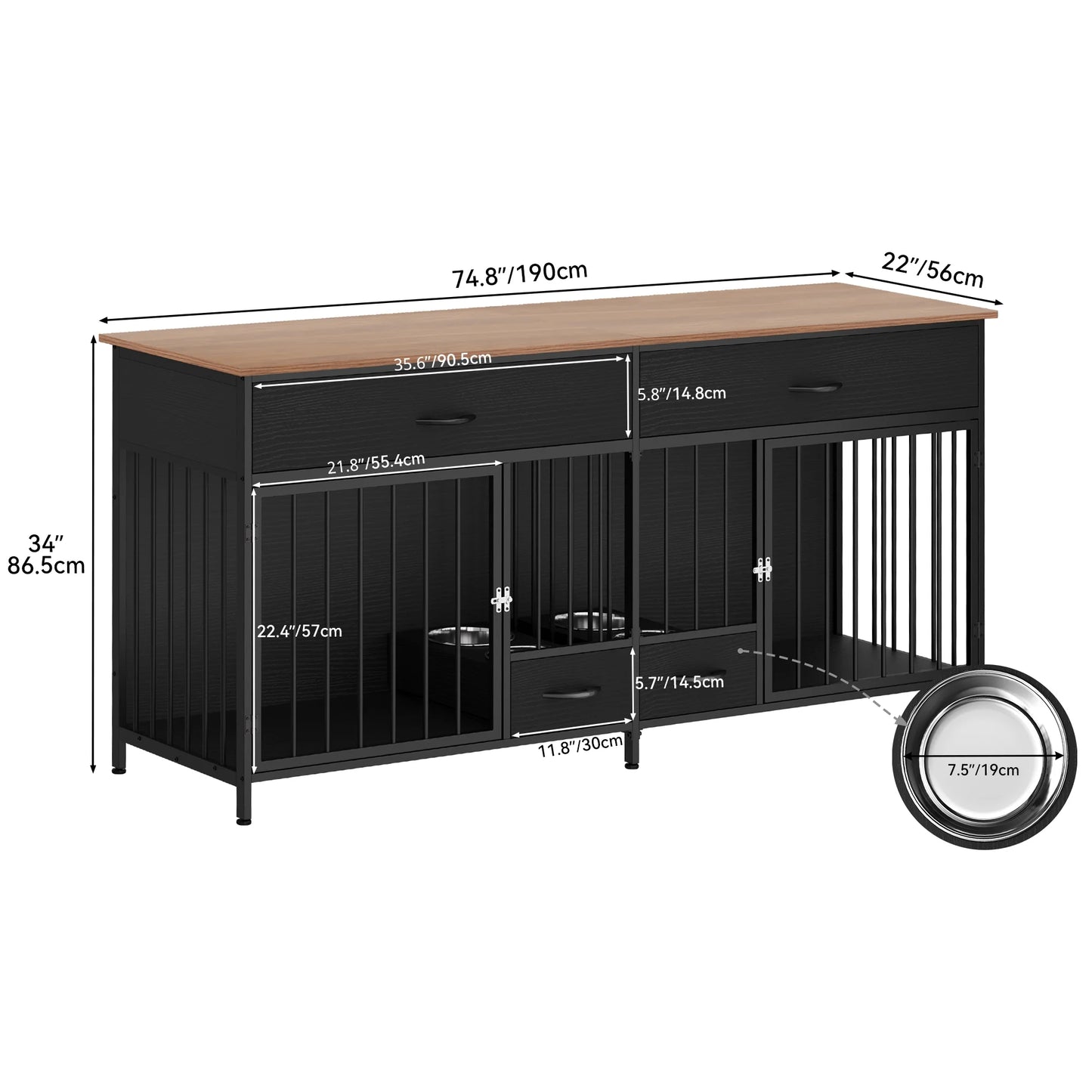 Indoor Dog Crate Furniture Large Breed with Storage&Dog Feeder, Double Dog Kennel Furniture TV Stand, 74.8" Inch Wooden Decorative Dog Kennel Furniture for 2 Dogs, Black.