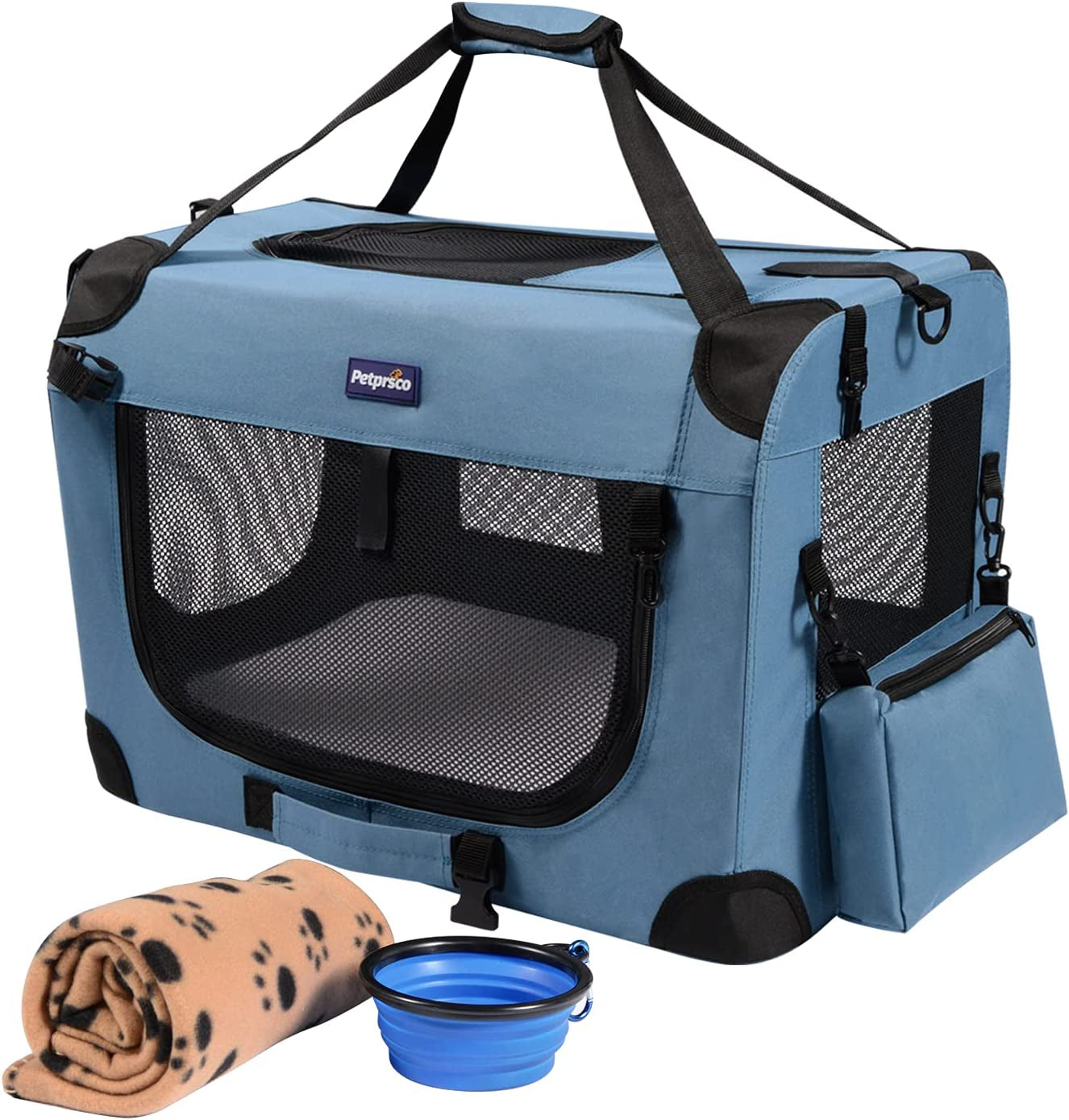 Portable Collapsible Dog Crate, Travel Dog Crate 24X17X17 with Soft Warm Blanket and Foldable Bowl for Large Cats & Small Dogs Indoor and Outdoor.