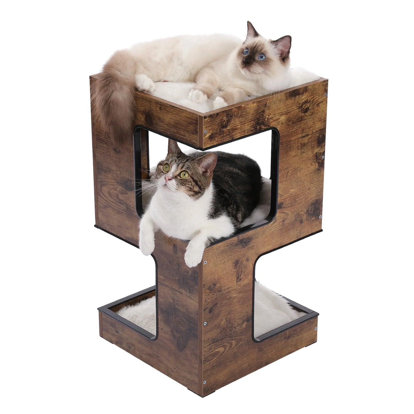 23" Wood Cat House Furniture for Indoor Cats, Modern Cat Tree Tower Bed with Free Cat Toy, Scratching Pad and Removable Soft Mats, Small Cat Condo, Brown.