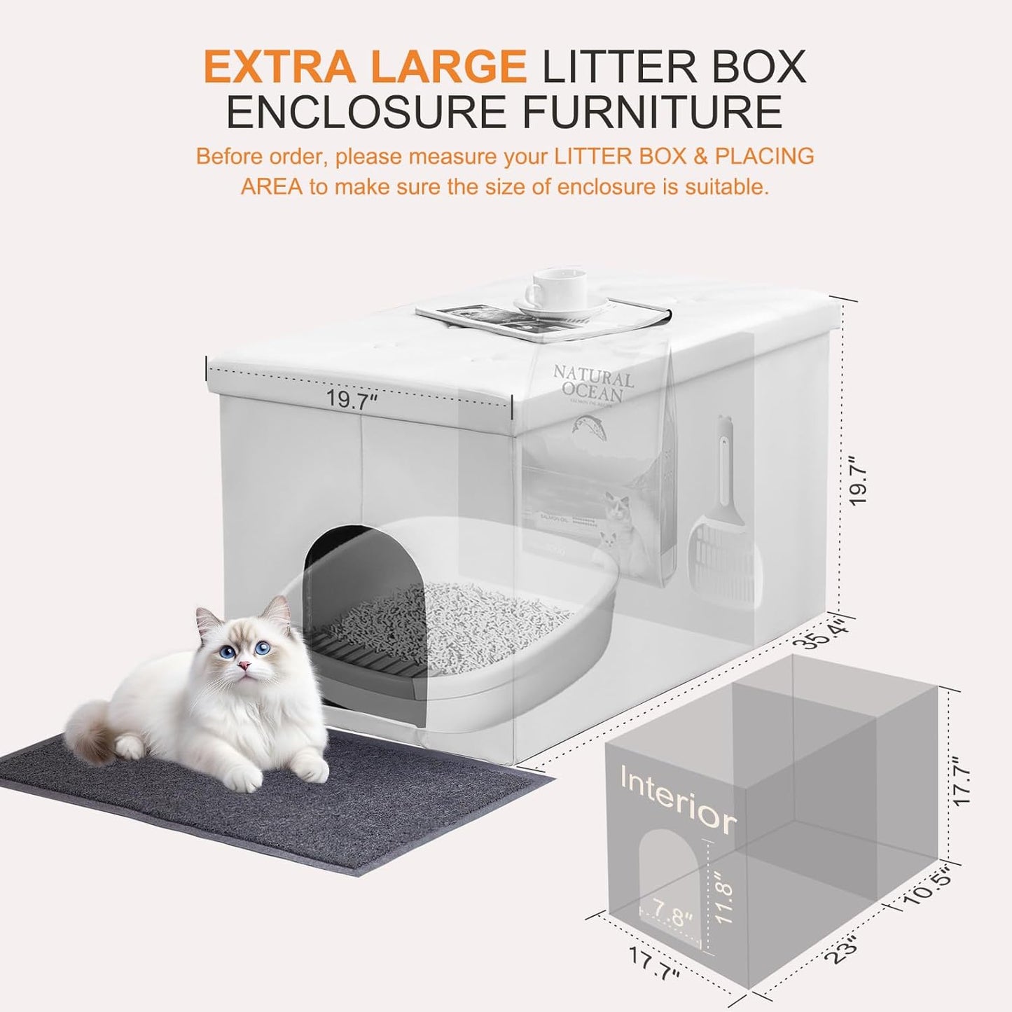 Cat Litter Box Enclosure Furniture Hidden, Cat Washroom Bench Storage Cabinet | Extra Large 35.4'' X 19.7'' X 19.7''| Dog Proof | Waterproof Inside/Easy Clean | Easy Assembly | Odor Control.