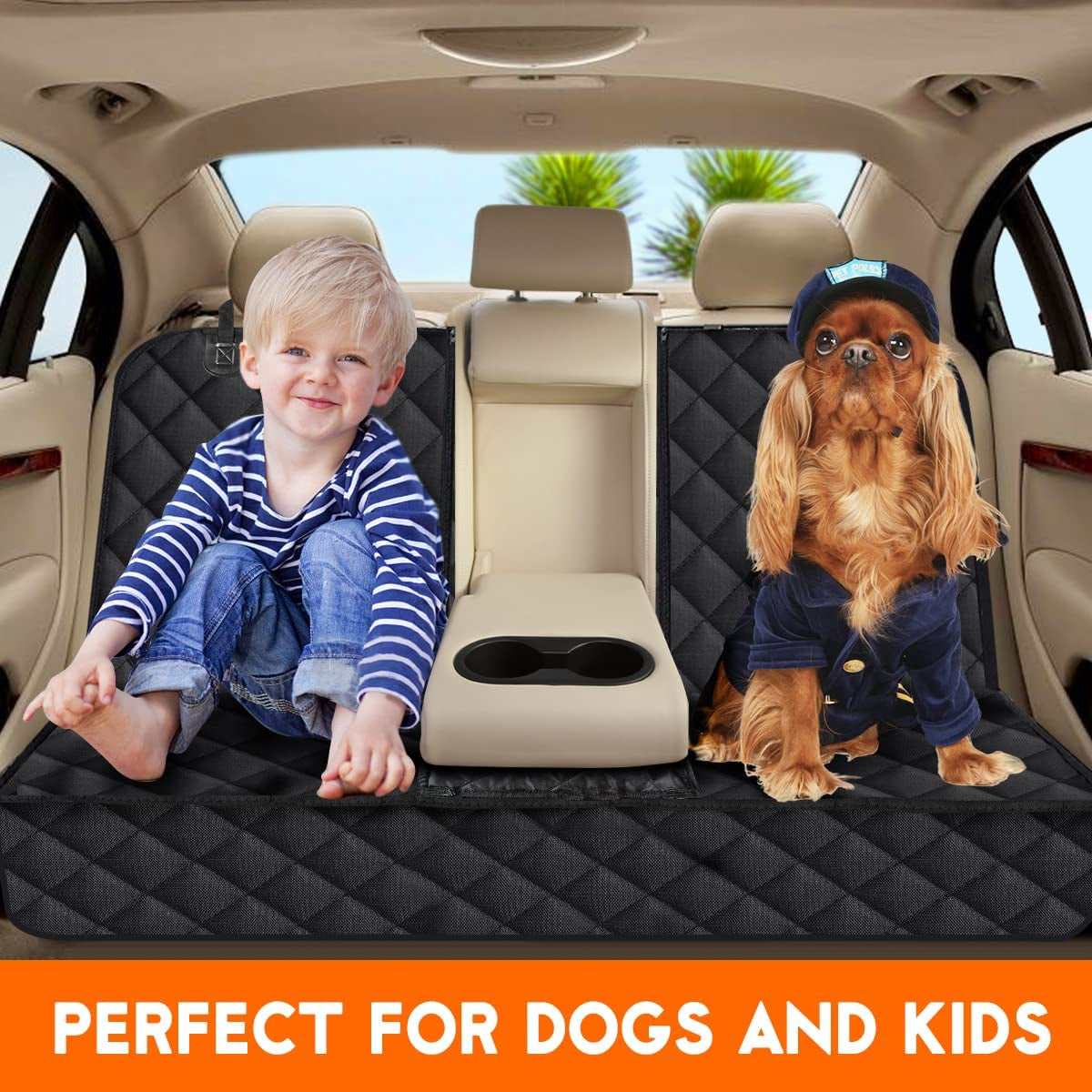 Premium Waterproof Dog Car Seat Cover - Non-Slip Back Seat Protector for Cars, Trucks & SUVs - Fits Middle Armrest - Black.