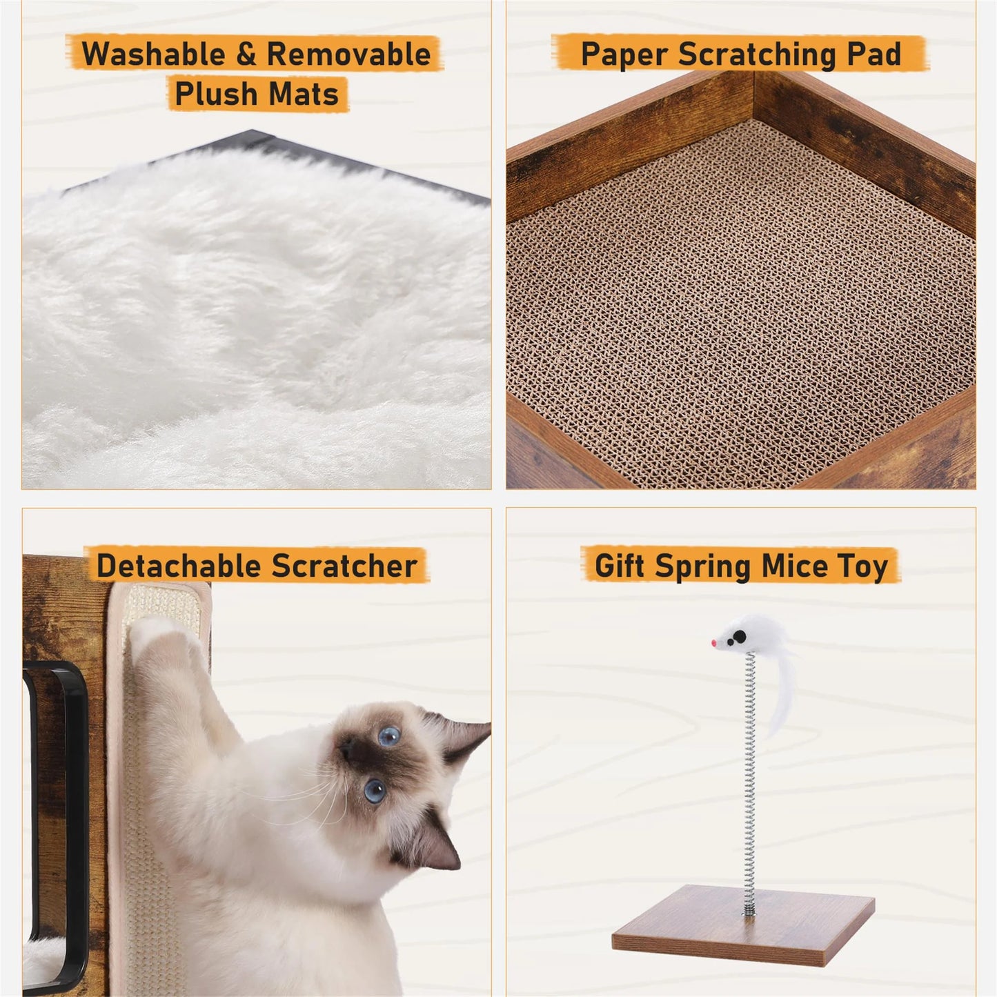 23" Wood Cat House Furniture for Indoor Cats, Modern Cat Tree Tower Bed with Free Cat Toy, Scratching Pad and Removable Soft Mats, Small Cat Condo, Brown.