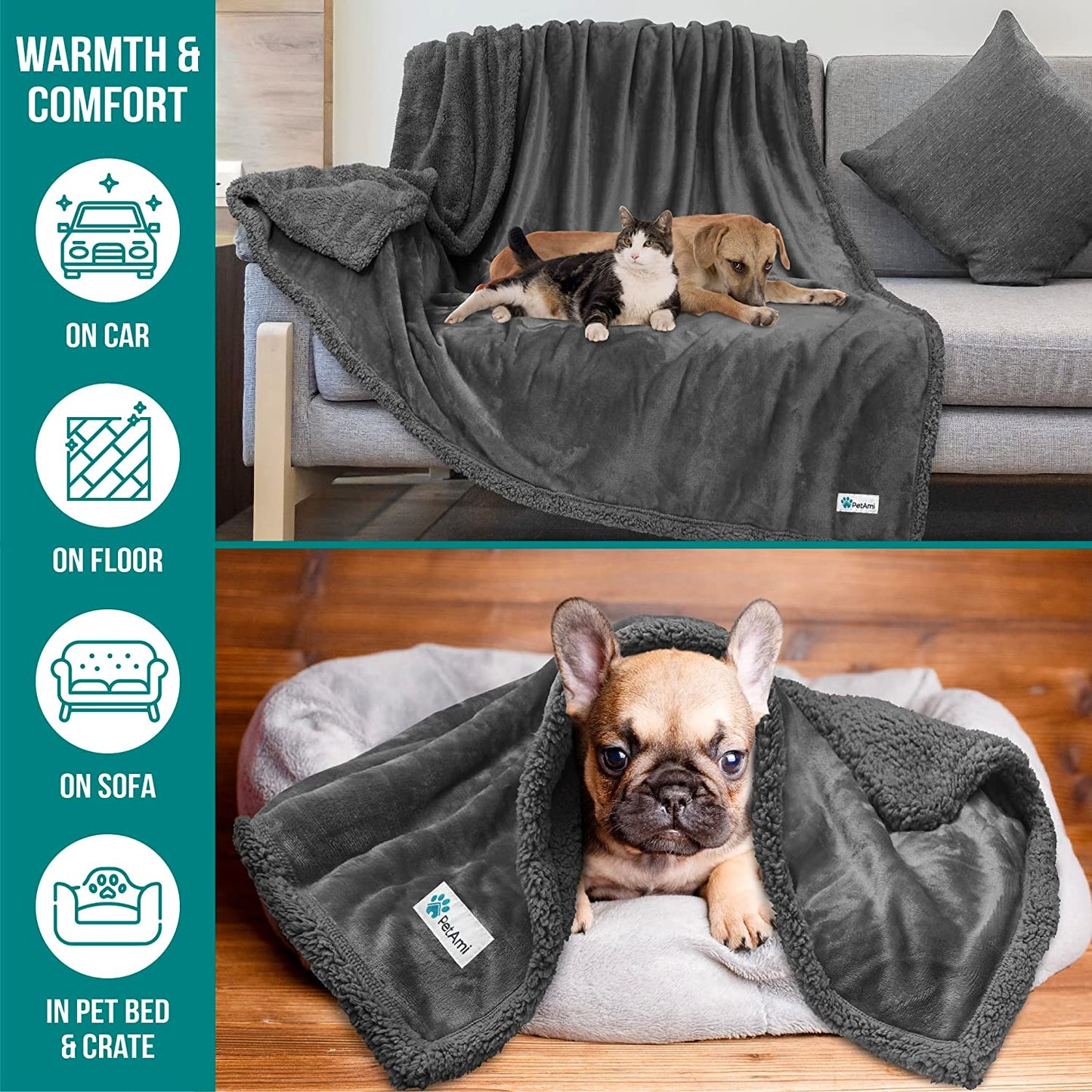 Dog Blanket for Bed, XL Pet Blanket Large Dogs, Fleece Furniture Couch Cover Protector Sofa Car Crate Kennel, Soft Sherpa Cat Throw Plush Reversible Washable, Twin 60X80 Solid Dark Gray.