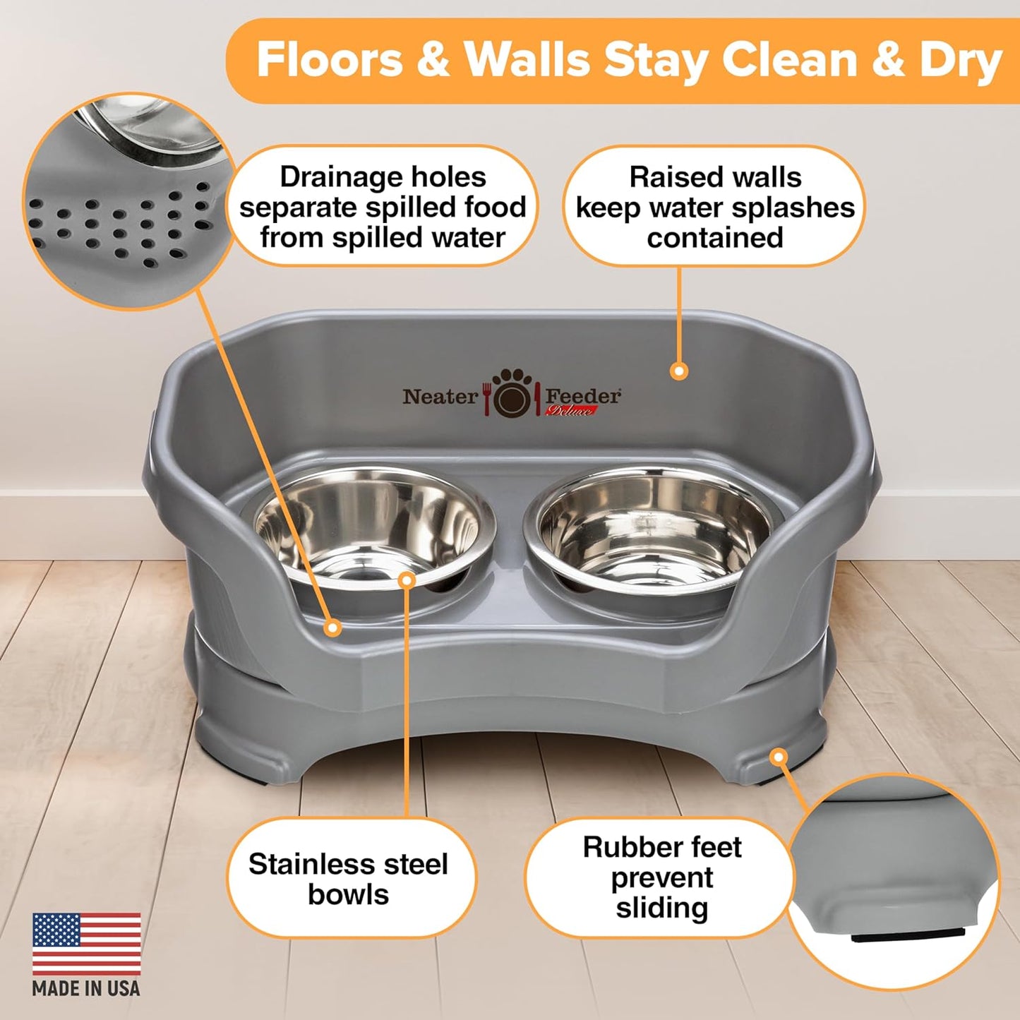 Neater Feeder Deluxe Mess Proof Dog Bowls Elevated for Small Breed – Made in USA – No Spill Raised Dog Food Bowl Stand – Stainless Steel Food and Water Bowl Set, Pet Feeding Station, Grey.