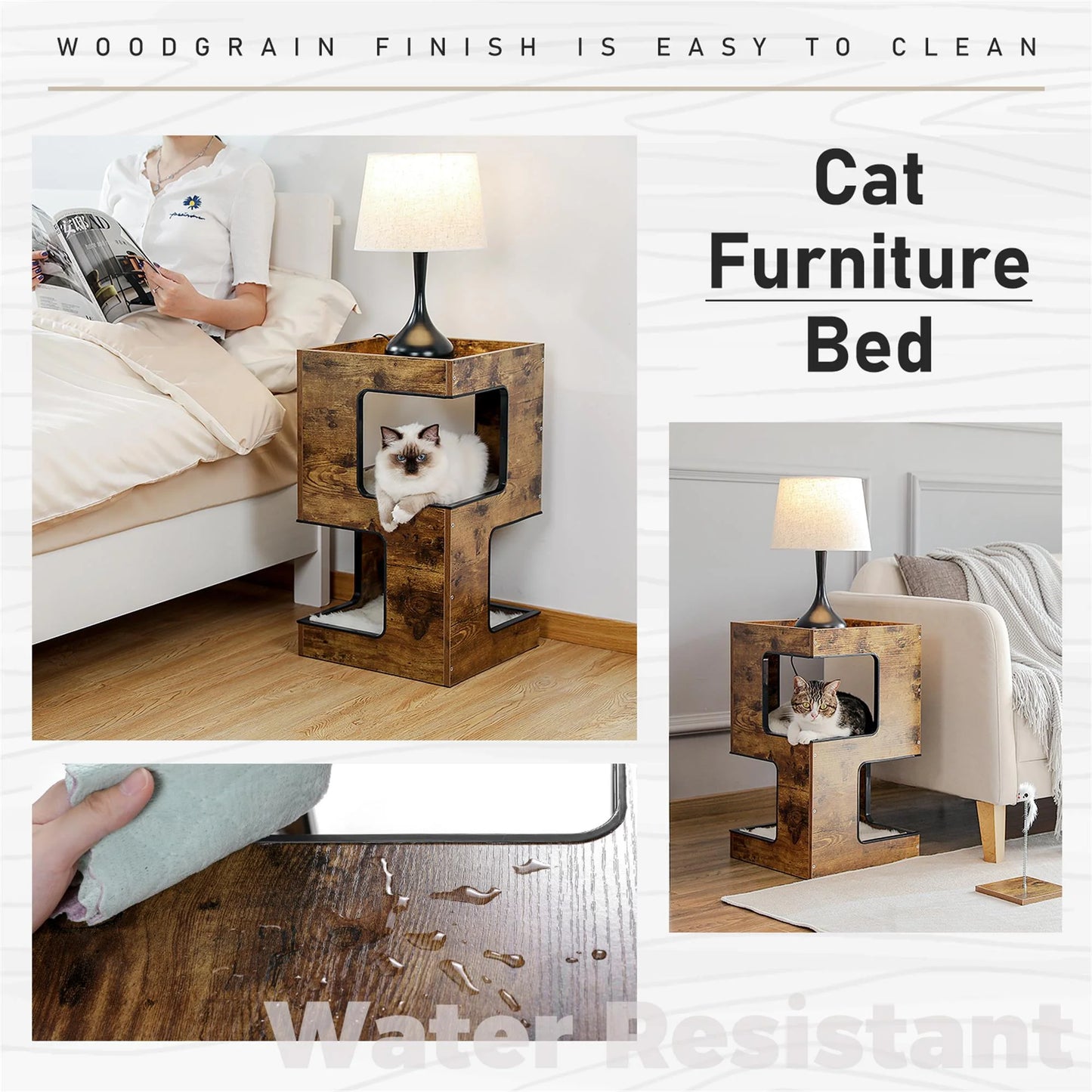 23" Wood Cat House Furniture for Indoor Cats, Modern Cat Tree Tower Bed with Free Cat Toy, Scratching Pad and Removable Soft Mats, Small Cat Condo, Brown.