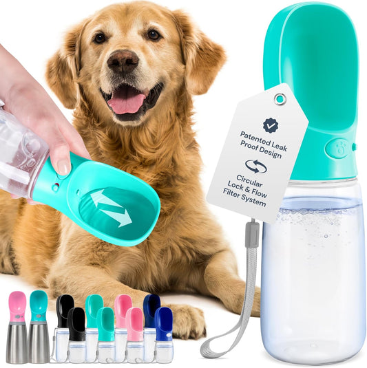 Leak Proof Portable Dog Travel Bottle with Bowl - 19 Oz, Blue - Portable Dog Water Bowl Dispenser - Food Grade Plastic - Pet Water Bottle.