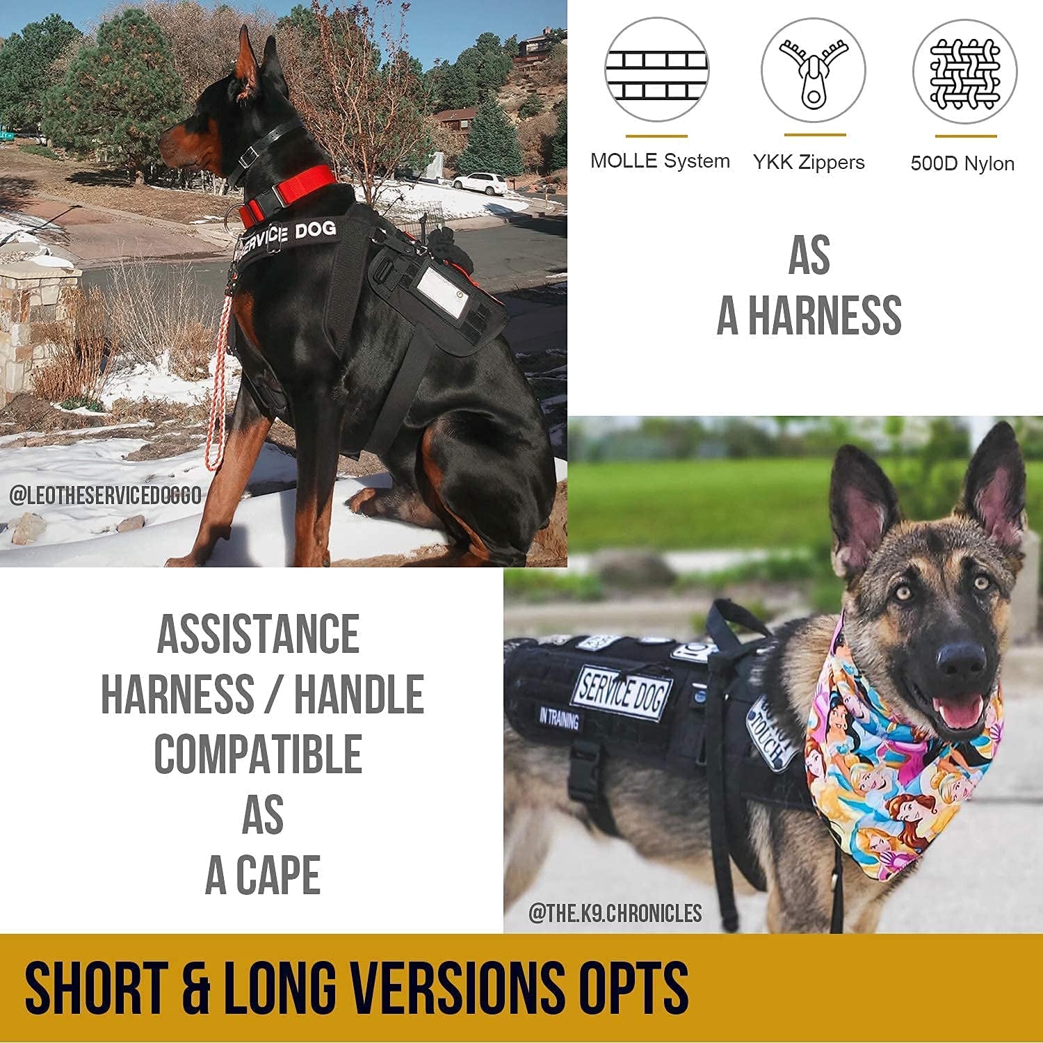 Service Dog Harness, Large Dog Harness Removable Neck Strap Compatible with Assistance Harness & Handle (Black, Short Version).