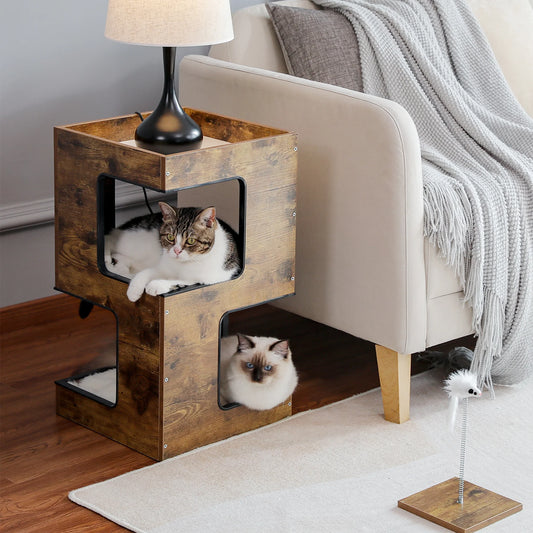 23" Wood Cat House Furniture for Indoor Cats, Modern Cat Tree Tower Bed with Free Cat Toy, Scratching Pad and Removable Soft Mats, Small Cat Condo, Brown.