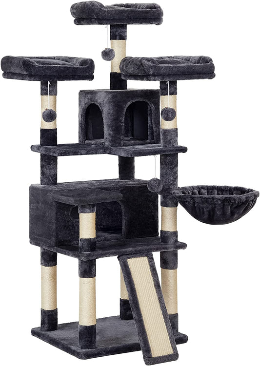 Cat Tree, Large Cat Tower, Cat Condo with Scratching Posts, Board, 2 Caves, 3 Plush Perches, Activity Center, 66.5 Inches, Smoky Gray UPCT019G01.