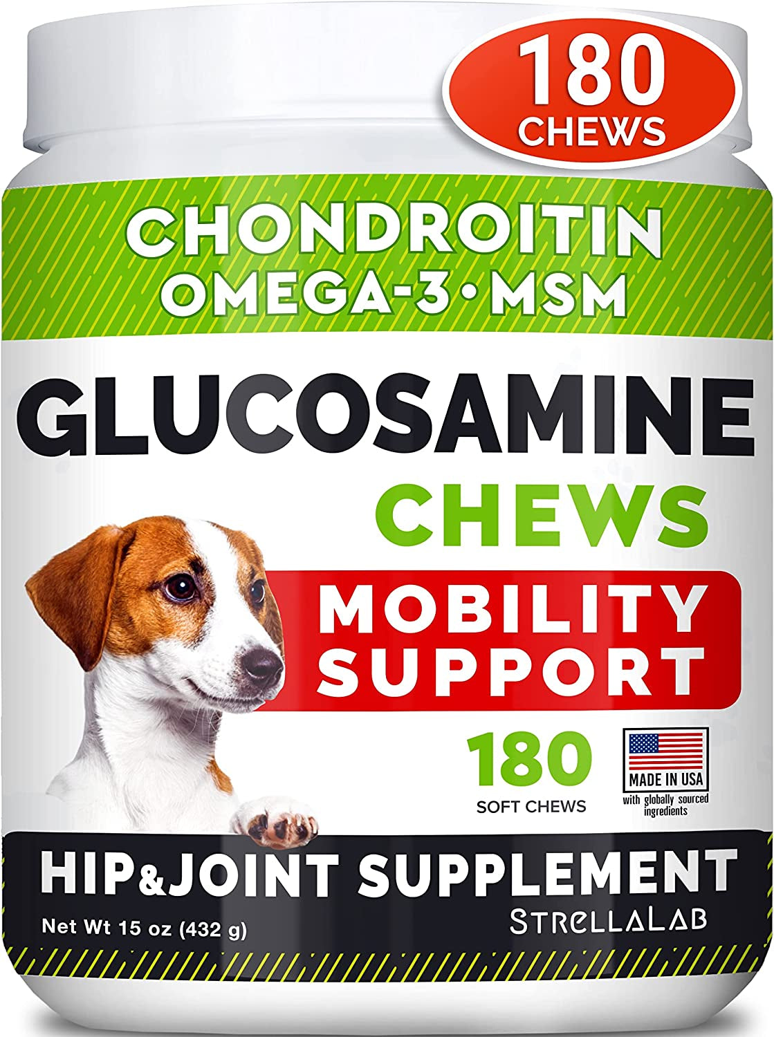 Glucosamine Treats for Dogs - Joint Supplement W/ Omega-3 Fish Oil - Chondroitin, MSM - Advanced Mobility Chews - Joint Pain Relief - Hip & Joint Care - Chicken Flavor - 180 Ct - Made in USA.