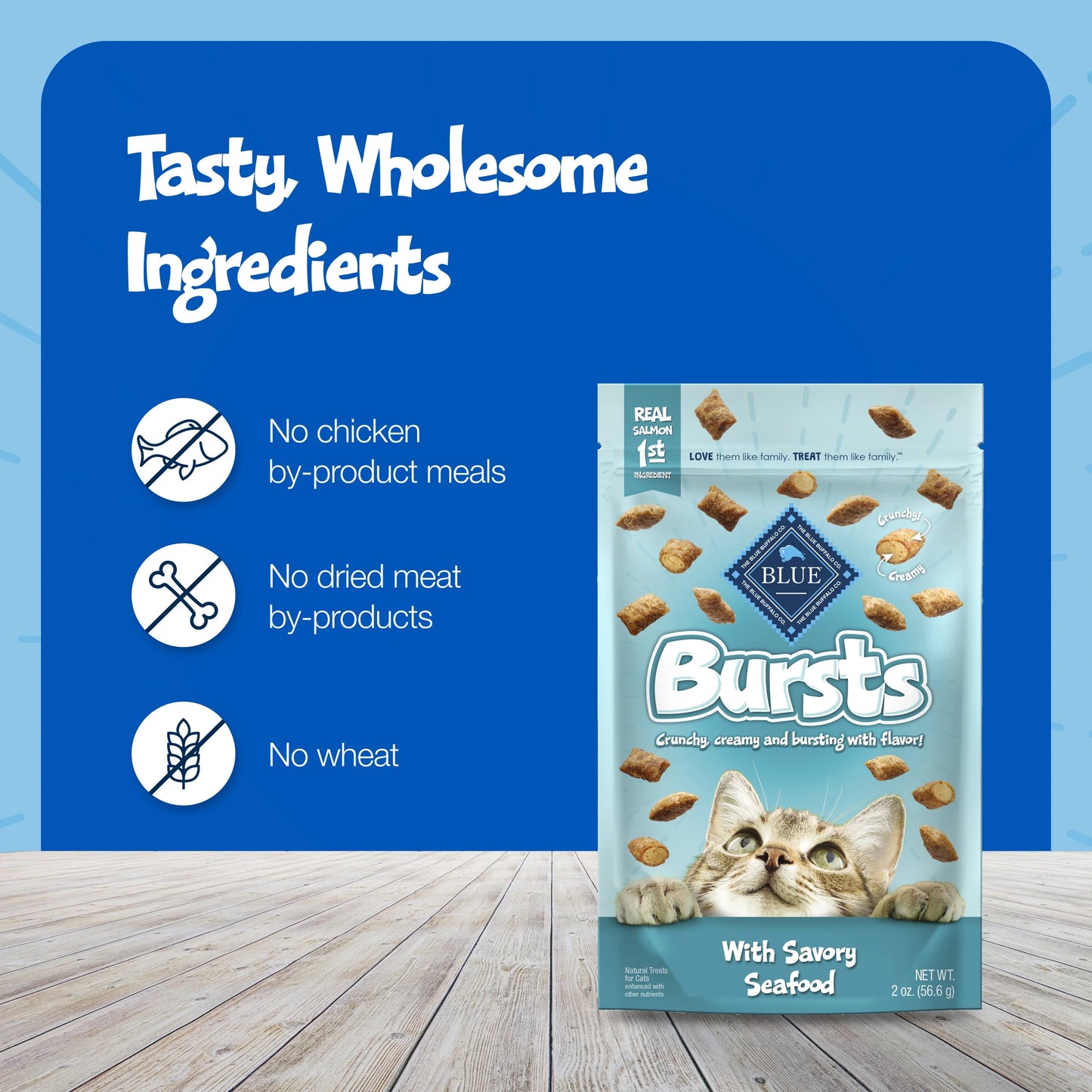 Bursts Crunchy & Creamy Cat Treats, Great for Training, Seafood, 12-Oz. Tub.