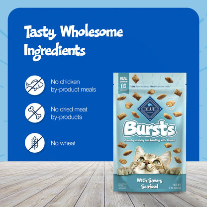 Bursts Crunchy & Creamy Cat Treats, Great for Training, Seafood, 12-Oz. Tub.