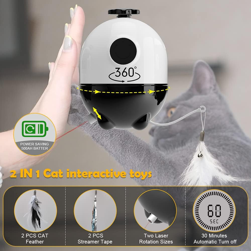 Cat Toys Interactive - 2 in 1 Laser and Cat Feather Toys Kitten Toys, Automatic Cat Toys for Indoor Cats Play Chase Exercise, with 2 Pcs Feather and Streamer Tape Replacements.