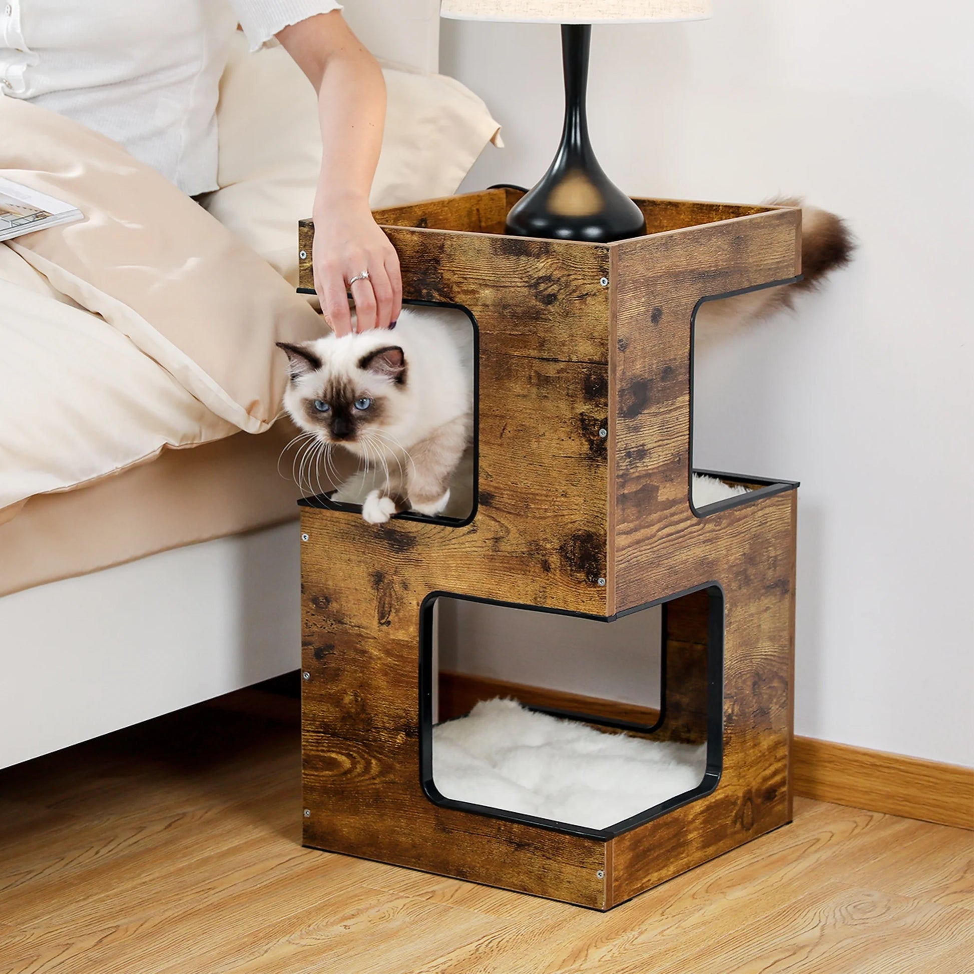23" Wood Cat House Furniture for Indoor Cats, Modern Cat Tree Tower Bed with Free Cat Toy, Scratching Pad and Removable Soft Mats, Small Cat Condo, Brown.