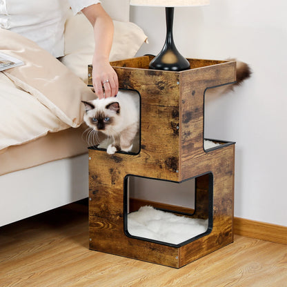 23" Wood Cat House Furniture for Indoor Cats, Modern Cat Tree Tower Bed with Free Cat Toy, Scratching Pad and Removable Soft Mats, Small Cat Condo, Brown.