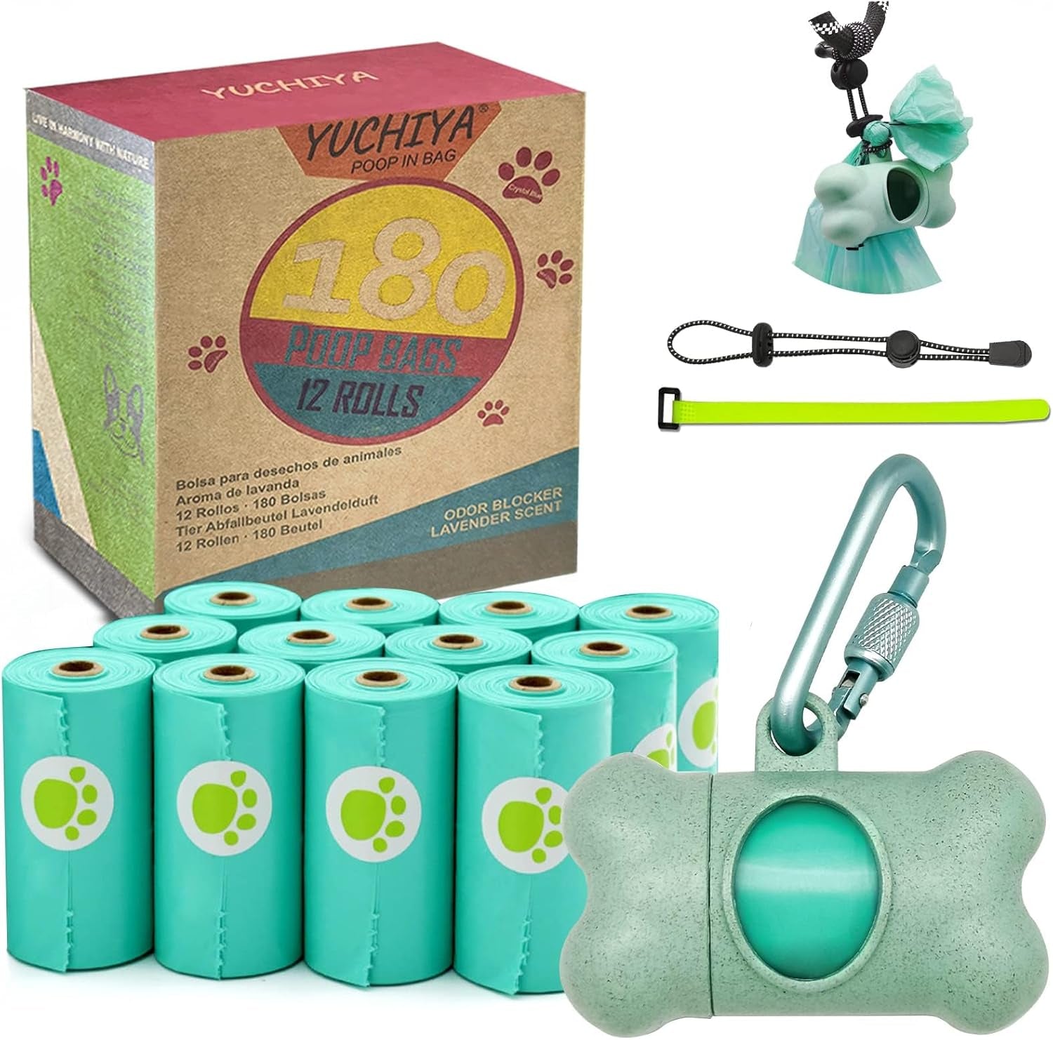 Dog Poop Pickup Bags Holder Dispenser with Standard-Sized Leak-Proof Scented Doggy Waste Bags and Carabiner with Safety Lock&Fastener Never Loose on Leash Lead Again (1 Holder 195 Bags, Blue).