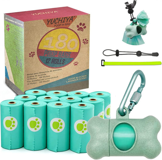 Dog Poop Pickup Bags Holder Dispenser with Standard-Sized Leak-Proof Scented Doggy Waste Bags and Carabiner with Safety Lock&Fastener Never Loose on Leash Lead Again (1 Holder 195 Bags, Blue).