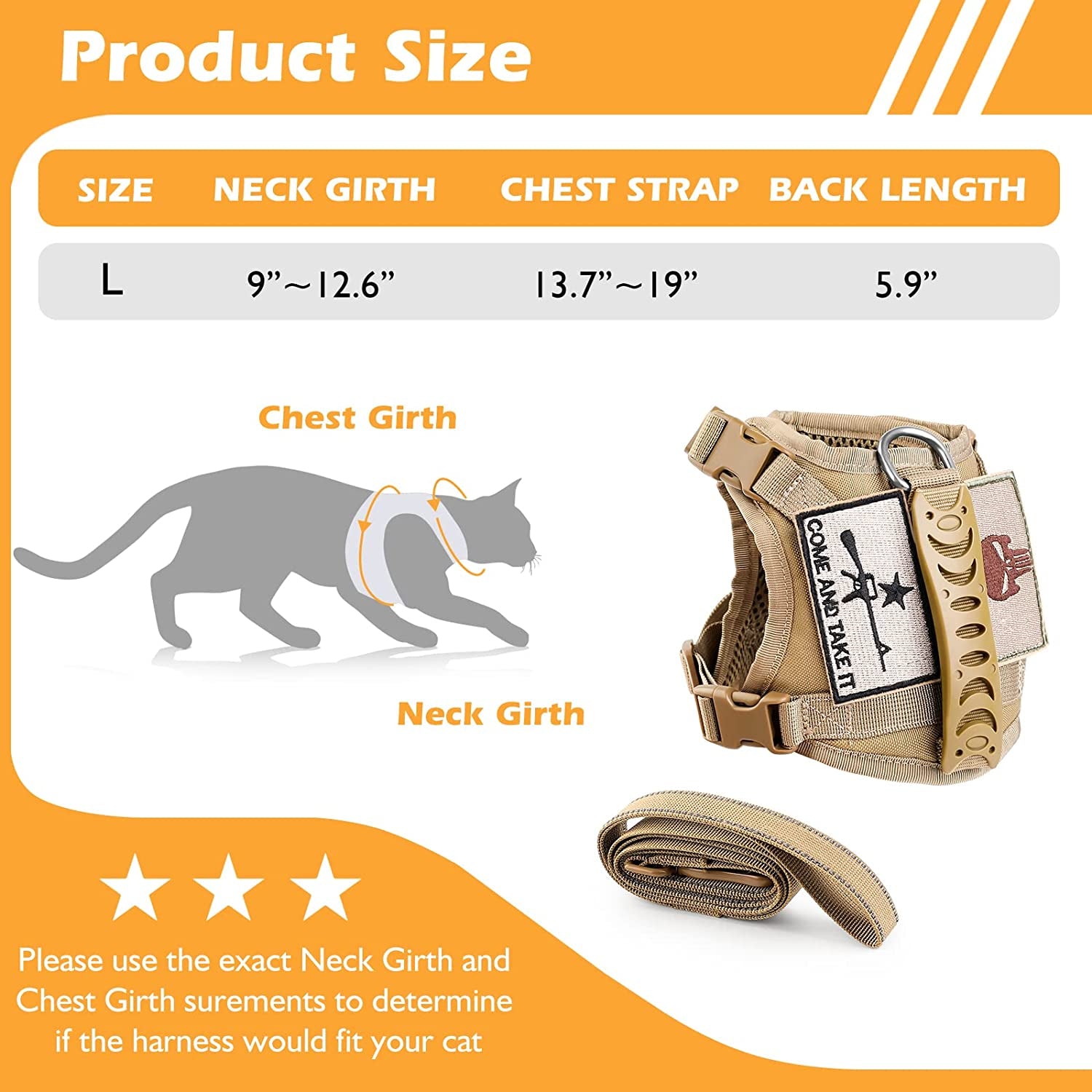 Tactical Cat Harness and Leash Set for Walking Escape Proof, Adjustable Large Cat Vest Harness with Molle Patches, Soft Mesh Padding, Rubber Handle Easy to Control Khaki.