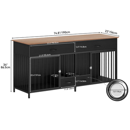 Indoor Dog Crate Furniture Large Breed with Storage&Dog Feeder, Double Dog Kennel Furniture TV Stand, 74.8" Inch Wooden Decorative Dog Kennel Furniture for 2 Dogs, Black.