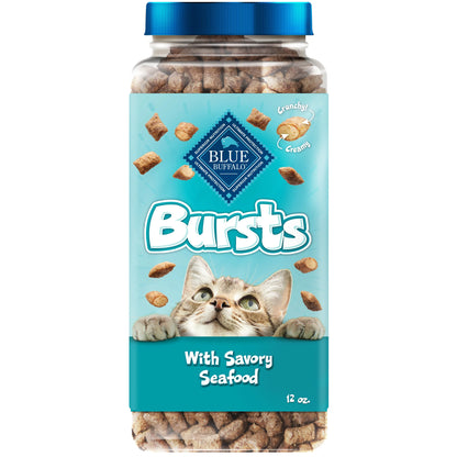 Bursts Crunchy & Creamy Cat Treats, Great for Training, Seafood, 12-Oz. Tub.