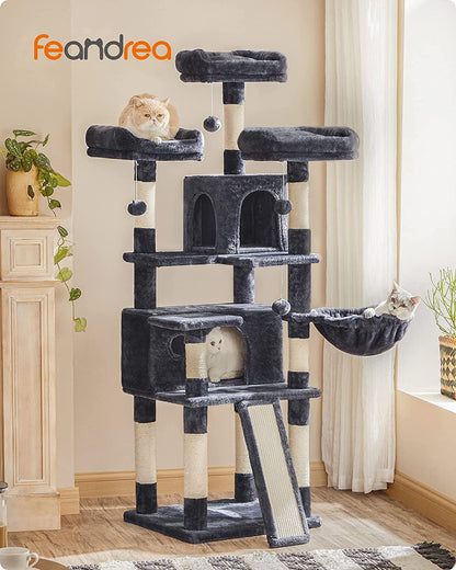 Cat Tree, Large Cat Tower, Cat Condo with Scratching Posts, Board, 2 Caves, 3 Plush Perches, Activity Center, 66.5 Inches, Smoky Gray UPCT019G01.