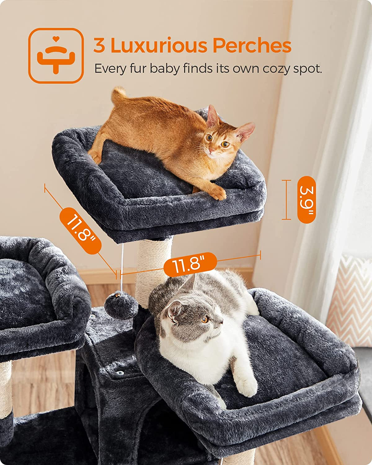 Cat Tree, Large Cat Tower, Cat Condo with Scratching Posts, Board, 2 Caves, 3 Plush Perches, Activity Center, 66.5 Inches, Smoky Gray UPCT019G01.