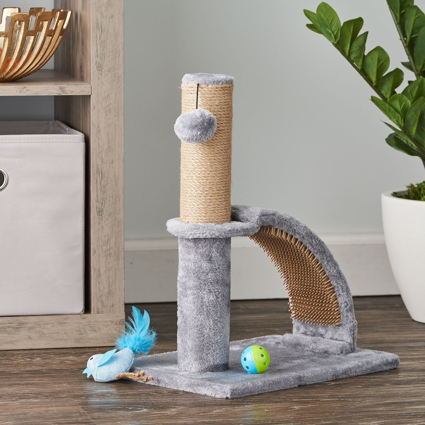 17"Deluxe Jute Cat Scratching Post with Arch Grooming Massager, Gray, Pack of 1.