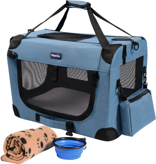 Portable Collapsible Dog Crate, Travel Dog Crate 24X17X17 with Soft Warm Blanket and Foldable Bowl for Large Cats & Small Dogs Indoor and Outdoor.