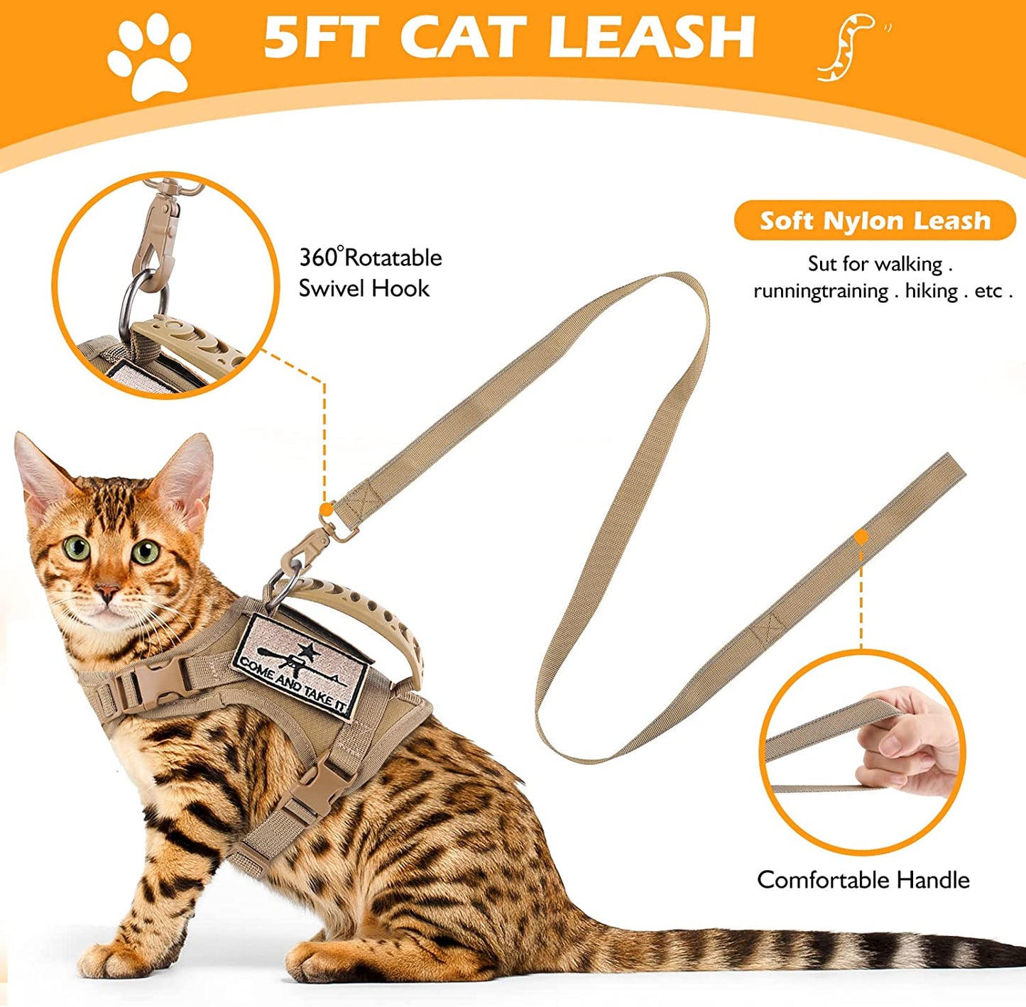 Tactical Cat Harness and Leash Set for Walking Escape Proof, Adjustable Large Cat Vest Harness with Molle Patches, Soft Mesh Padding, Rubber Handle Easy to Control Khaki.