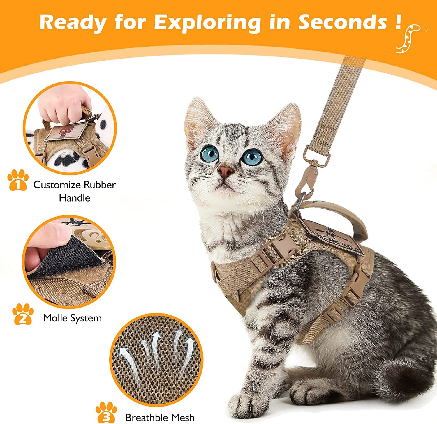 Tactical Cat Harness and Leash Set for Walking Escape Proof, Adjustable Large Cat Vest Harness with Molle Patches, Soft Mesh Padding, Rubber Handle Easy to Control Khaki.