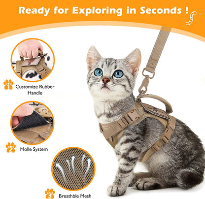 Tactical Cat Harness and Leash Set for Walking Escape Proof, Adjustable Large Cat Vest Harness with Molle Patches, Soft Mesh Padding, Rubber Handle Easy to Control Khaki.