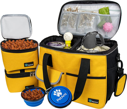 Dog Travel Bag, Travel Pet Bag Organizer, Dog Food Travel Bag with Food Container and Bowls, Dog Travel Supplies Gift Accessories for Weekend Camping, Dog Cat Diaper Bag (Yellow, Medium).