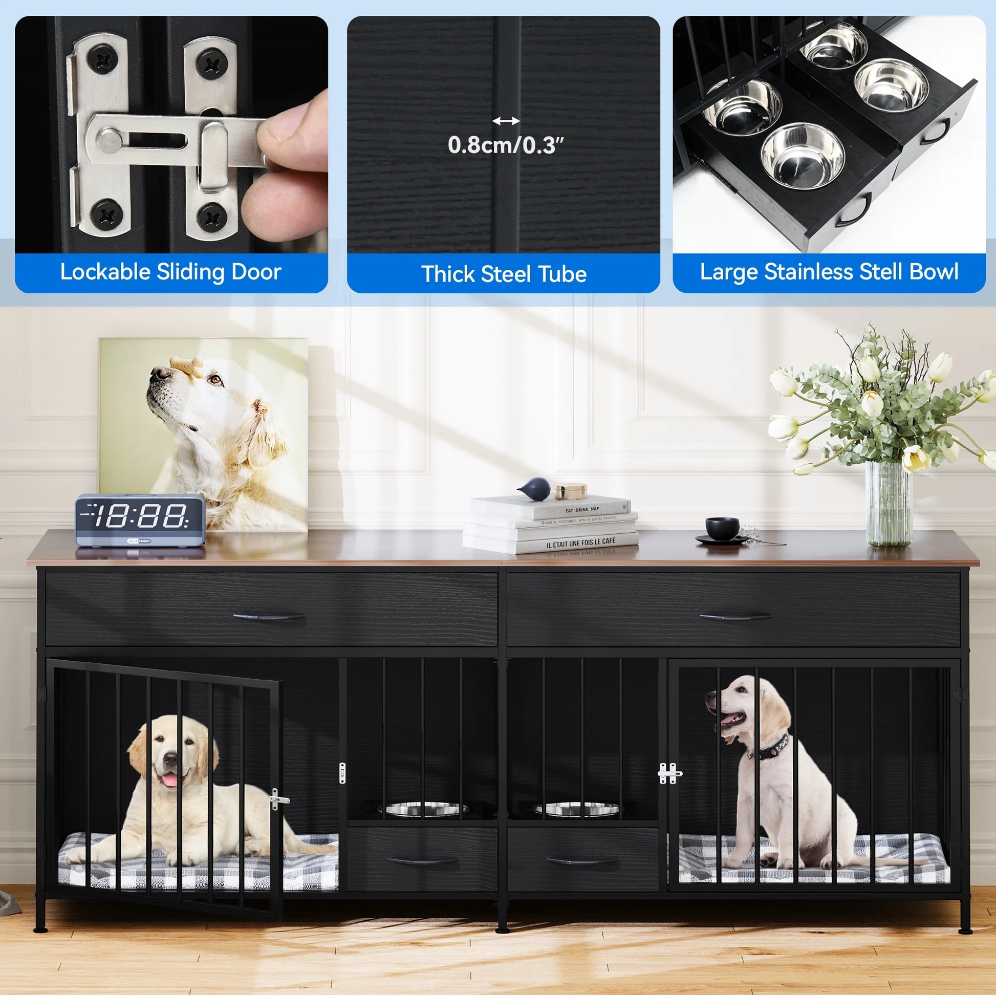 Indoor Dog Crate Furniture Large Breed with Storage&Dog Feeder, Double Dog Kennel Furniture TV Stand, 74.8" Inch Wooden Decorative Dog Kennel Furniture for 2 Dogs, Black.