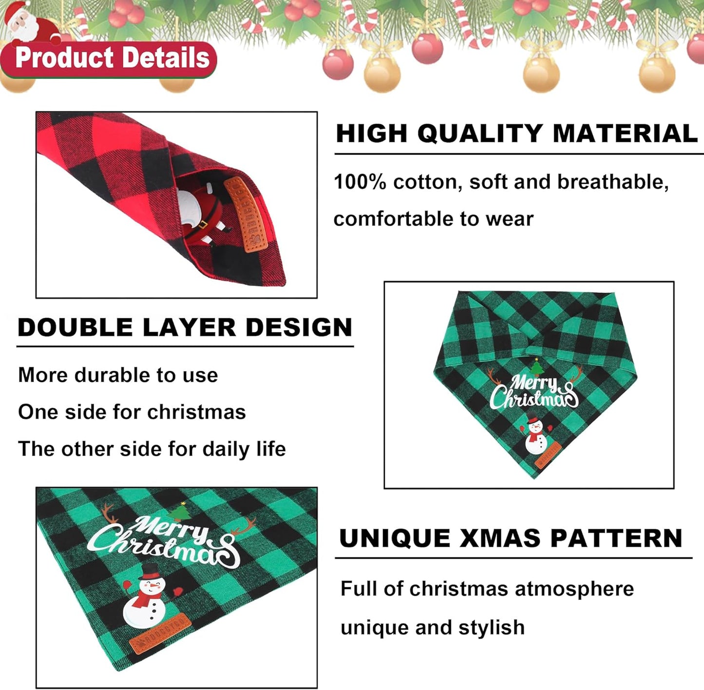 2 Pack Dog Bandana Christmas Classic Plaid Pet Scarf Triangle Bibs Kerchief Merry Christmas Santa Snowman Bandana for Medium Large Dogs Pets (Large).