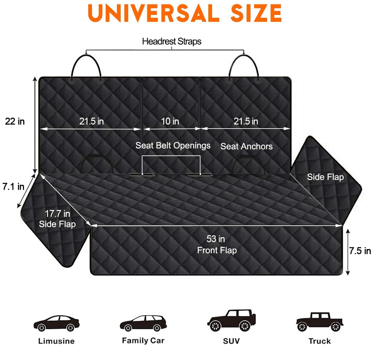 Premium Waterproof Dog Car Seat Cover - Non-Slip Back Seat Protector for Cars, Trucks & SUVs - Fits Middle Armrest - Black.
