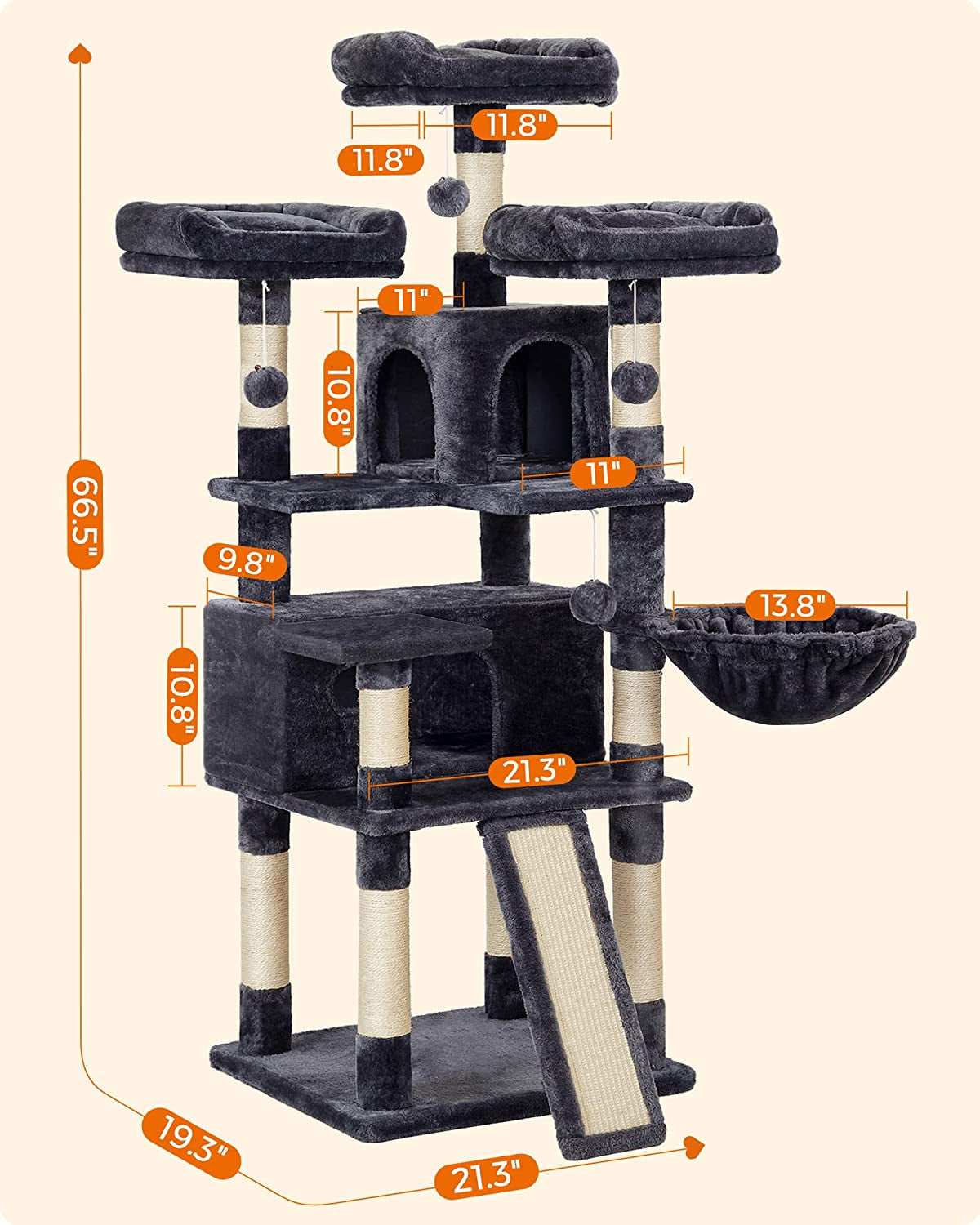Cat Tree, Large Cat Tower, Cat Condo with Scratching Posts, Board, 2 Caves, 3 Plush Perches, Activity Center, 66.5 Inches, Smoky Gray UPCT019G01.