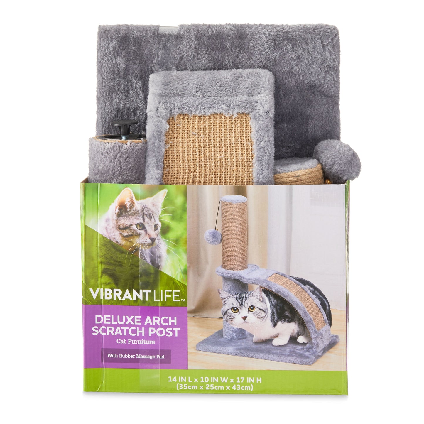 17"Deluxe Jute Cat Scratching Post with Arch Grooming Massager, Gray, Pack of 1.