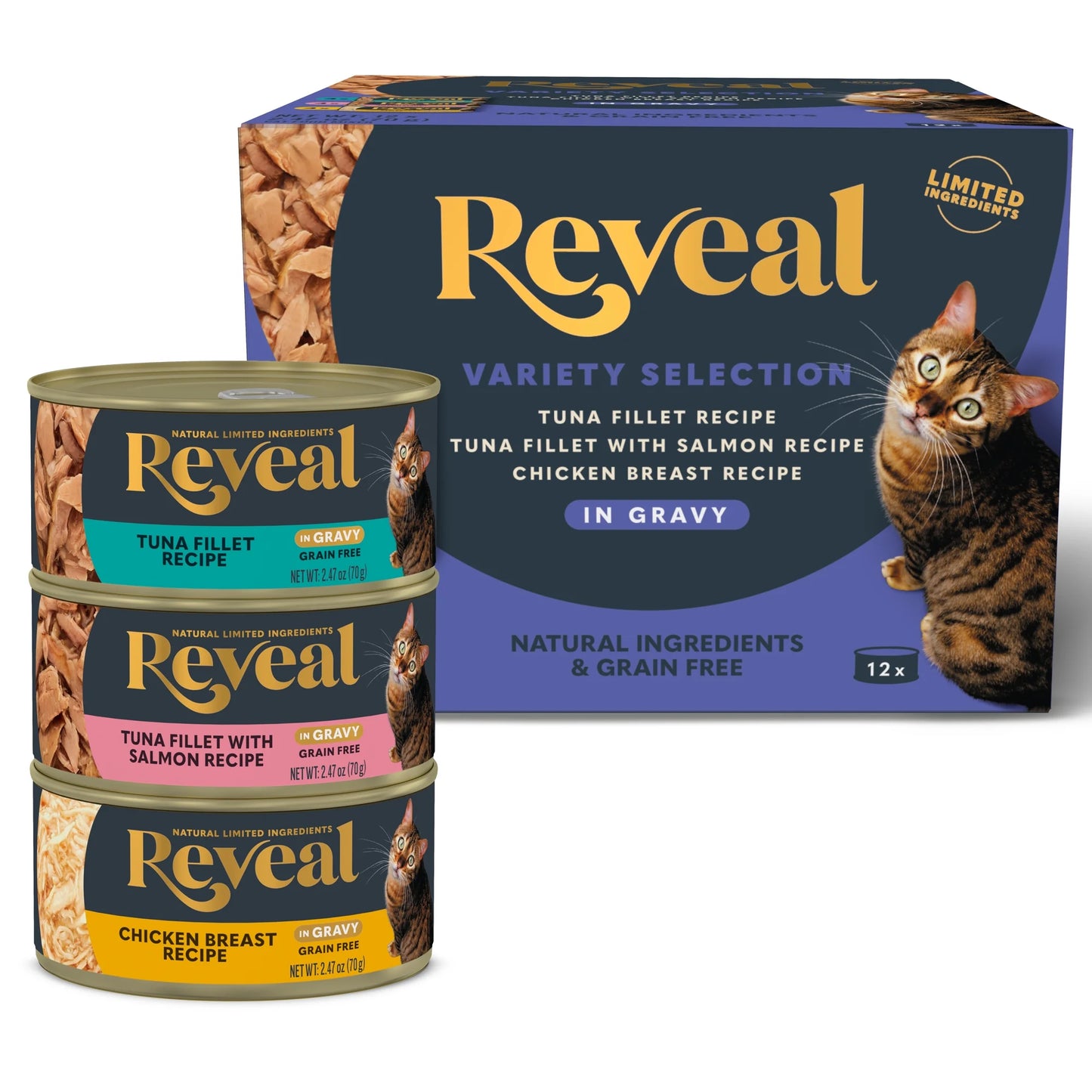 Reveal Natural Wet Cat Food, Fish & Chicken in Gravy Variety Pack, 12 X 2.47 Oz Cans.