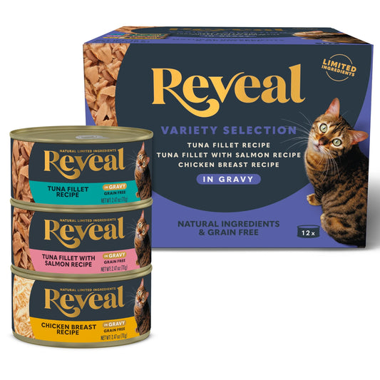 Reveal Natural Wet Cat Food, Fish & Chicken in Gravy Variety Pack, 12 X 2.47 Oz Cans.