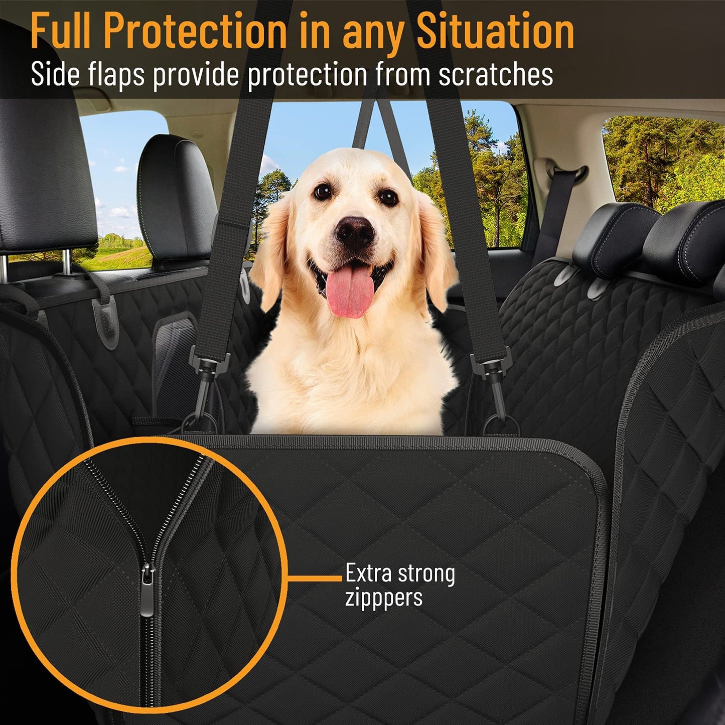 Dog Car Seat Cover for Back Seat, Waterproof Pet Protection Hammock, SUV Truck Car Backseat Protector with Safety Features, Black.