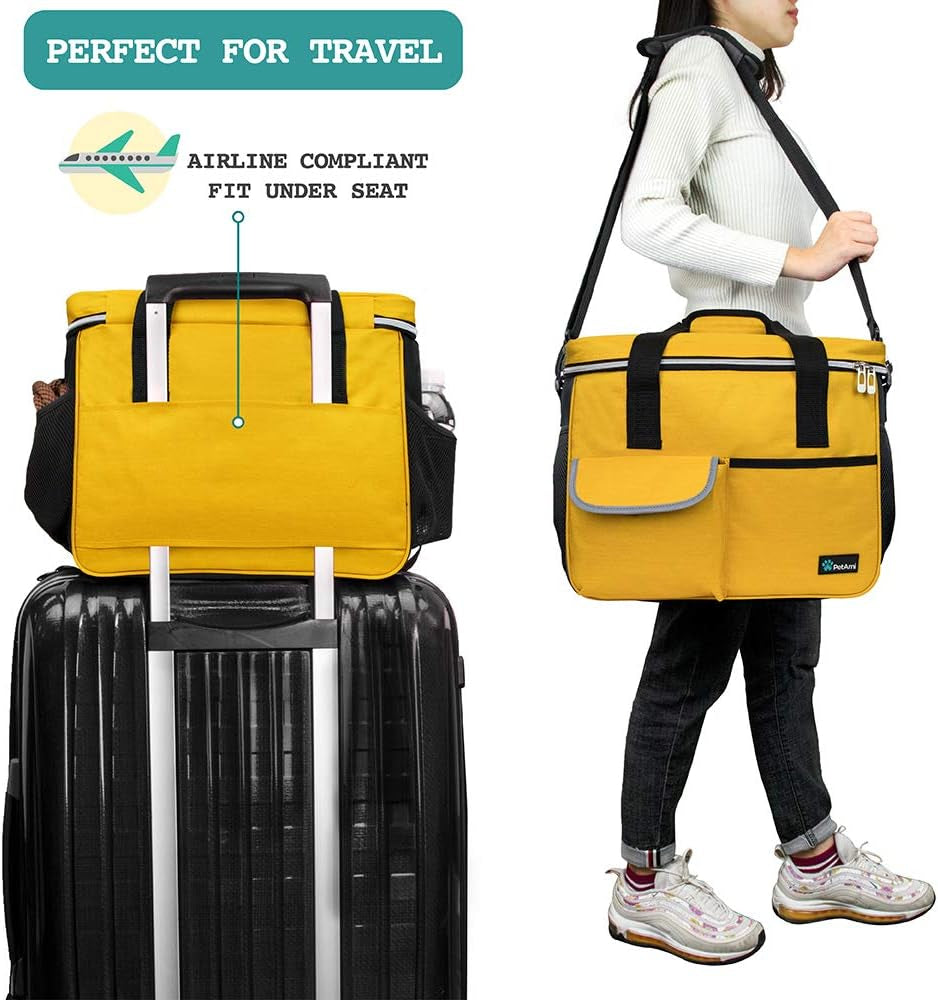 Dog Travel Bag, Travel Pet Bag Organizer, Dog Food Travel Bag with Food Container and Bowls, Dog Travel Supplies Gift Accessories for Weekend Camping, Dog Cat Diaper Bag (Yellow, Medium).