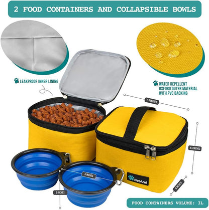Dog Travel Bag, Travel Pet Bag Organizer, Dog Food Travel Bag with Food Container and Bowls, Dog Travel Supplies Gift Accessories for Weekend Camping, Dog Cat Diaper Bag (Yellow, Medium).