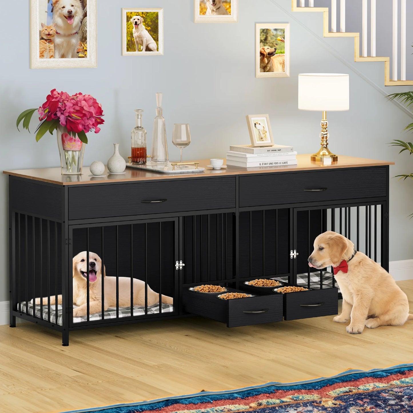 Indoor Dog Crate Furniture Large Breed with Storage&Dog Feeder, Double Dog Kennel Furniture TV Stand, 74.8" Inch Wooden Decorative Dog Kennel Furniture for 2 Dogs, Black.