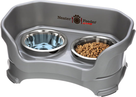 Neater Feeder Deluxe Mess Proof Dog Bowls Elevated for Small Breed – Made in USA – No Spill Raised Dog Food Bowl Stand – Stainless Steel Food and Water Bowl Set, Pet Feeding Station, Grey.