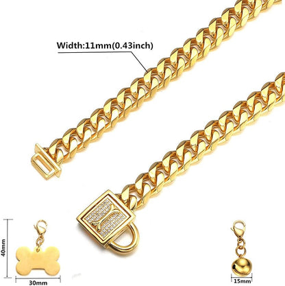 Gold Chain Dog Collar Walking Trainning Chain Collar with CZ Lock ID Tag and Bell Chew Proof 11MM/15MM/19MM Stainless Steel Cuban Link Chain for Small Medium Large Dogs(11Mm, 10Inch).