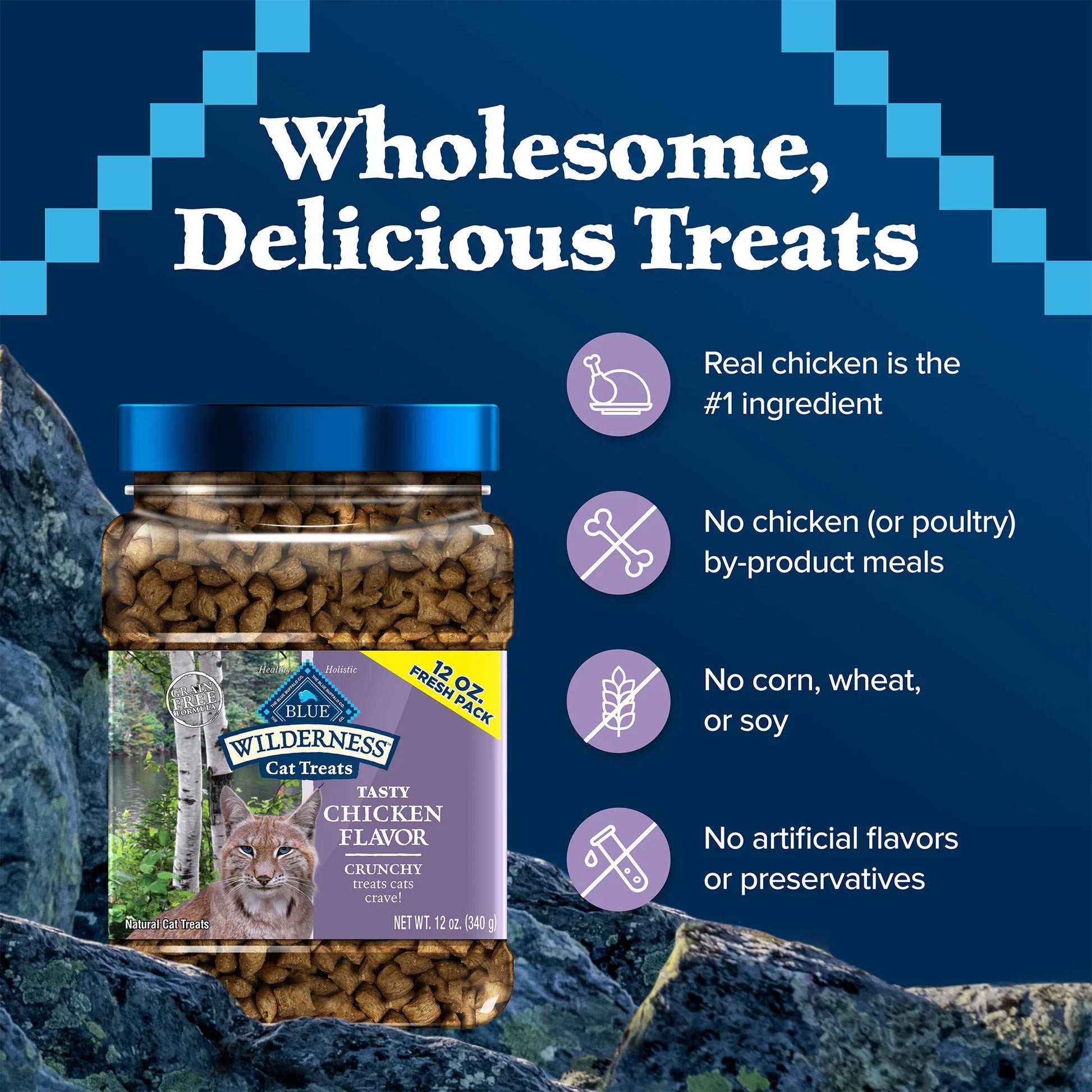 Wilderness Crunchy Dry Cat Treats, Natural & Grain-Free, Chicken, 12-Oz. Tub.