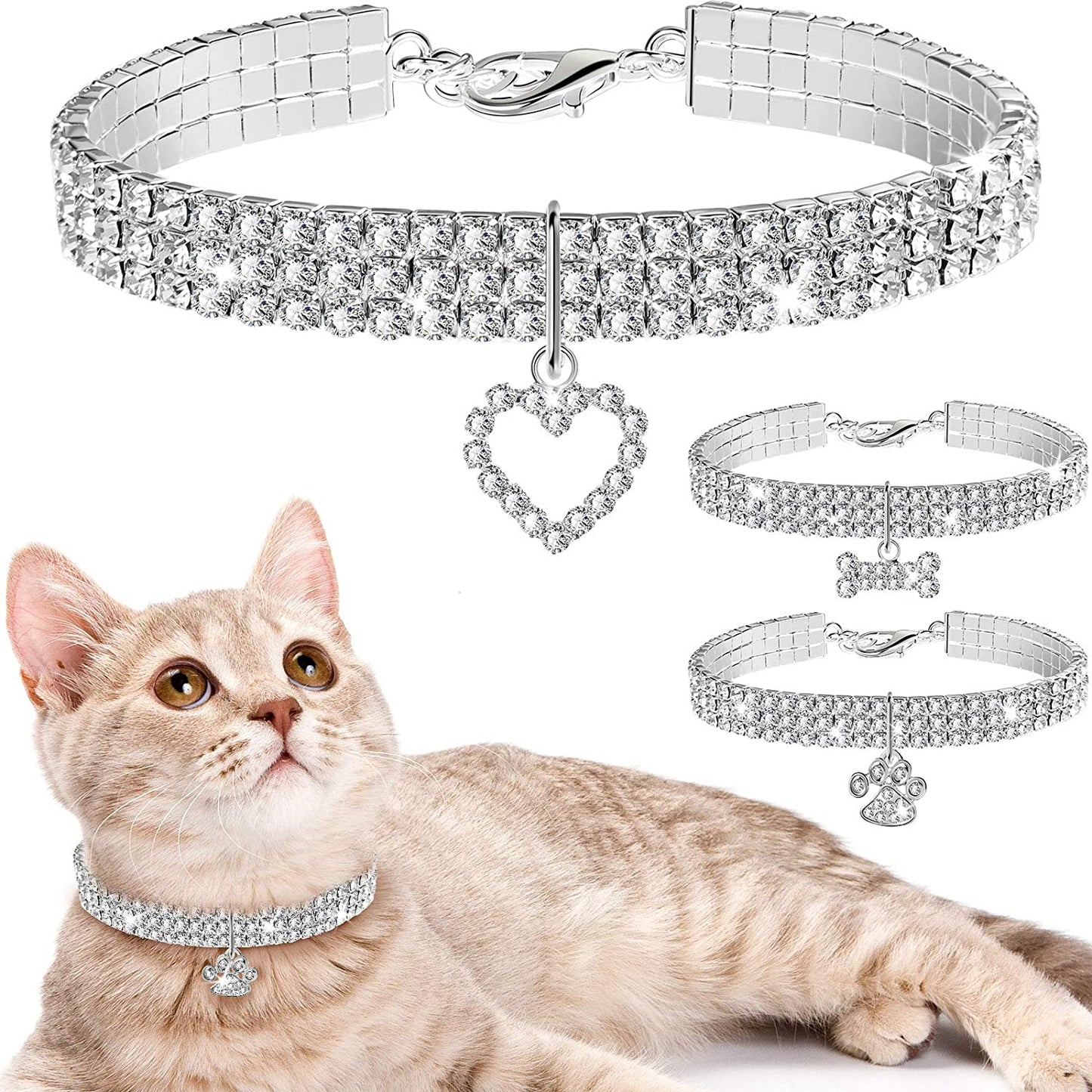 3 Pieces Bling Rhinestones Pet Collars Glitter Pendant Dog Collars Adjustable Crystal Cat Collar Elastic Pet Necklace for Small Pet Cat Dogs Puppy (White).