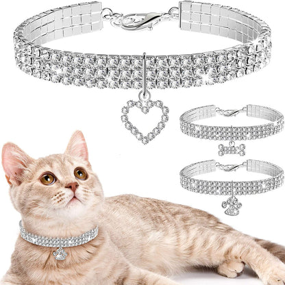 3 Pieces Bling Rhinestones Pet Collars Glitter Pendant Dog Collars Adjustable Crystal Cat Collar Elastic Pet Necklace for Small Pet Cat Dogs Puppy (White).