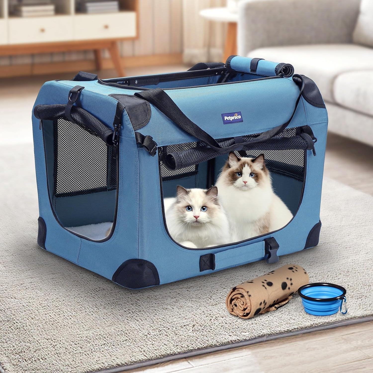 Portable Collapsible Dog Crate, Travel Dog Crate 24X17X17 with Soft Warm Blanket and Foldable Bowl for Large Cats & Small Dogs Indoor and Outdoor.