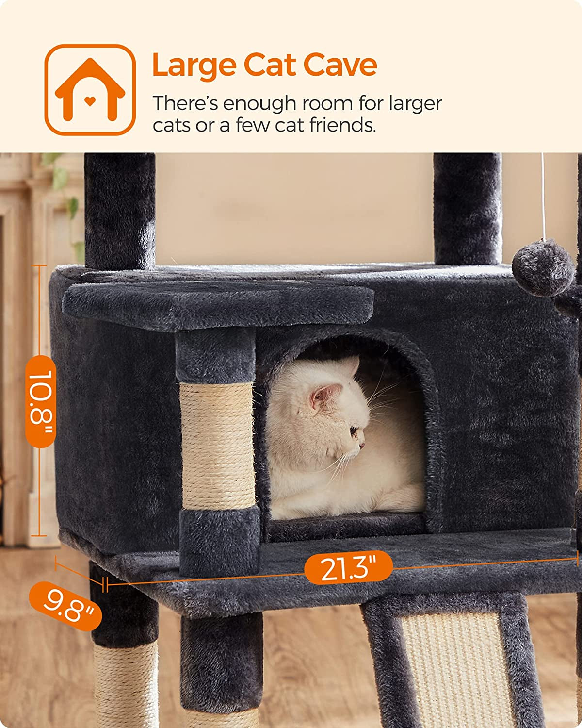 Cat Tree, Large Cat Tower, Cat Condo with Scratching Posts, Board, 2 Caves, 3 Plush Perches, Activity Center, 66.5 Inches, Smoky Gray UPCT019G01.